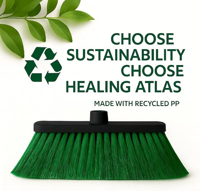 Healing Atlas LUZIA Green 14" Premium Broom Head – Long Flagged Bristles – Gentle Deep Sweep – Universal 7/8" Thread – Recycled PP – Handle Not Included (Green, LUZIA)