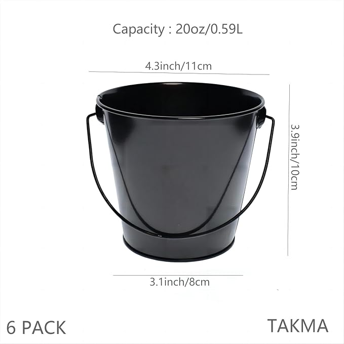 Metal Buckets with Handle - 6 Pack 4.3 Inch Small Iron Pail, Easter Bucket,Pencil Holder and Flower Pots,Craft Supply Holders for Events,School Storage and Party. (Black, 4.3" Top)