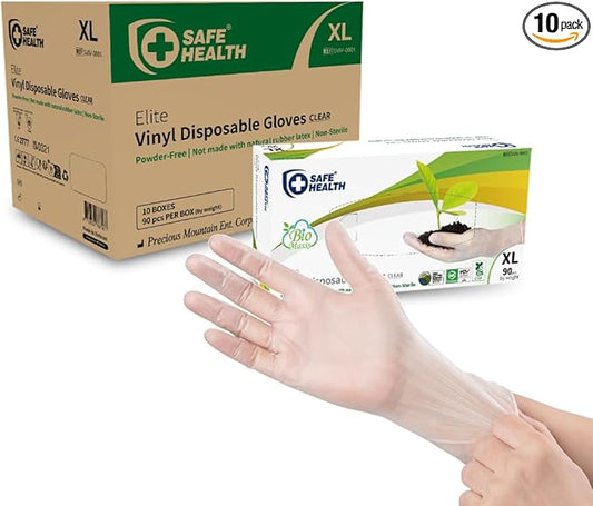 Safe Health Biomass Eco-Friendly Vinyl Disposable Gloves, USDA Certified Biobased Product, Latex Free, Powder Free, Clear, Case of 900, Xlarge, 3 mil