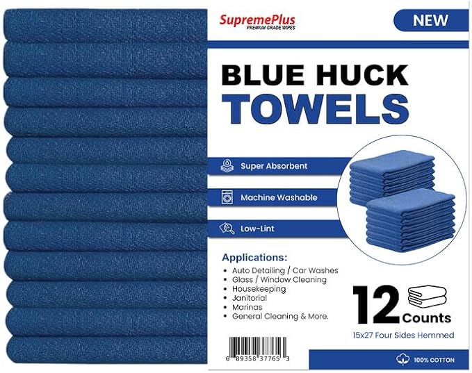 Premium Blue Huck Towels – (12 Pack) 15 x 27 inches 100% Cotton Bulk Towel for General Cleaning, Auto Shop, and Hospital Use, Super Absorbent, Machine Washable Cloth
