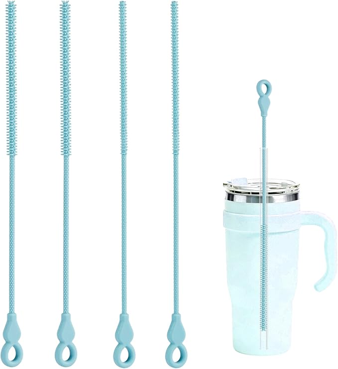 TenderBloom Silicone Straw Cleaner Brush, 4-Piece Reusable Straw Brush Set with Extra-Long Design for Cleaning Thin Metal Straws and Wider Milkshake Straws （6mm+9mm Blue)