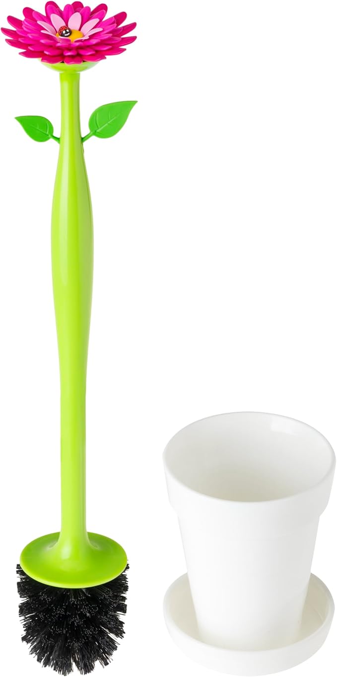 Vigar Flower Power Toilet Brush with Holder Set Toilet Brush with Daisy-shaped Handle, Flowerpot Base with Saucer Durable Bristles for Bathroom, White