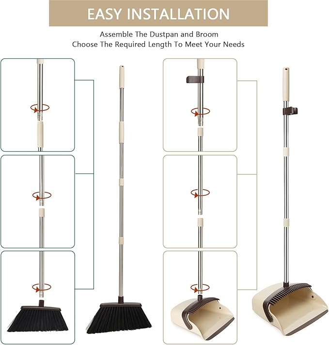XXFLOWER Broom and Dustpan Set, Dustpans with Broom Combo for Home, Heavy Dust Broom and Dustpan Combo, Long Handle Dust Pan and Broom Set for Kitchen, Office, Pet Hair,Beige, Pack of 1