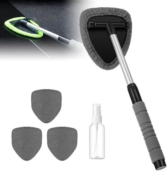 Generic Windshield Cleaning Tool, 2025 New Car Interior Window Cleaning Kit with Extendable Handle, 3 Reusable Microfiber Cloth Pads, Auto Glass Wiper for Windshield, Trucks, SUVs, RVs (Gray)