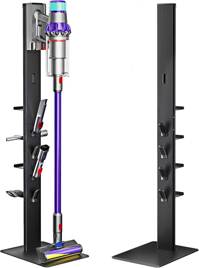 PEGZONE Vacuum Cleaner Stand, Compatible with Dyson Gen5 V15 V12 V11 V10 V9 V8 V7 V6, Floor Cordless Vacuums Attachment Holder with 4 Hooks and 4 Shelves, Metal Storage Bracket Organizer, Black