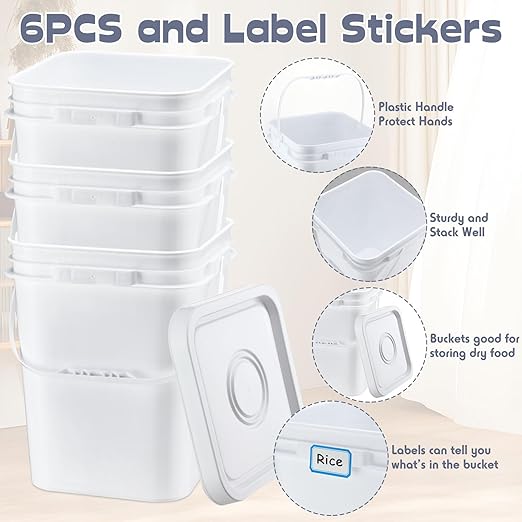Vesici 6 Pcs 5 Gallon Food Grade Square Buckets with Lids 5 Gal Plastic Food Storage Square Bucket Heavy Duty Industrial Pail Container with DIY Label Stickers Handles for Water Painting(White)