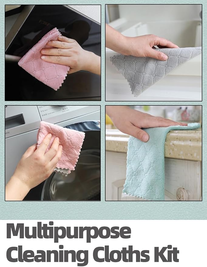 24PCS Kitchen Dishcloth, Microfiber Washcloth, Soft Cleaning Cloths, Coral Fleece/Lint Free/Absorbent/Quick Dry/Nonstick Oil Rags, Reusable Washable Tea Towel, 6''x10'‘ (Green)
