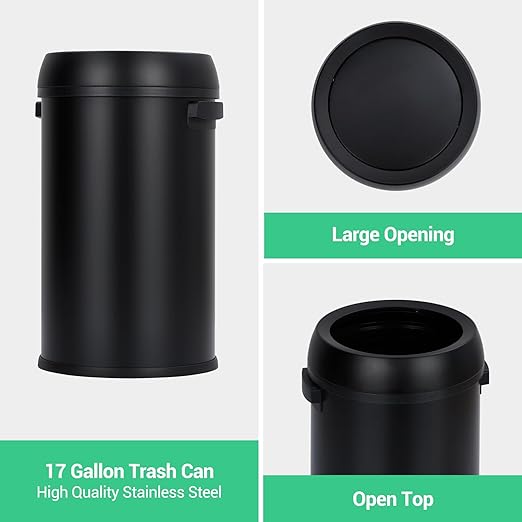 Garvee 17 Gallon/65 Liter Trash Can, Fingerprint-Proof Stainless Steel Open Top Garbage Can, Heavy Duty Commercial Round Trash Bin for Restaurant, Home, Office, Black
