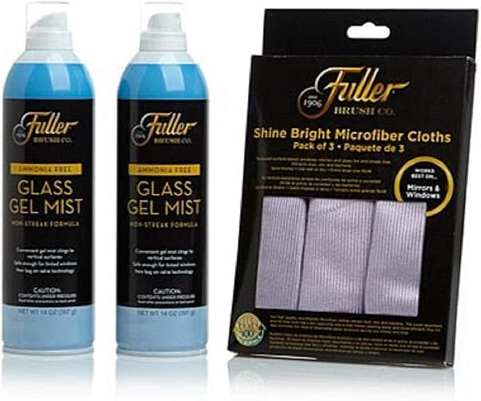Fuller Brush Glass Cleaning Kit with 2 Cans of Glass Gel Mist Sprays and Pack of 3 Shine Bright Microfiber Cleaning Cloths