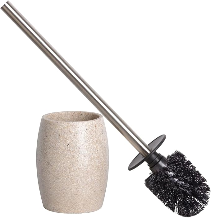 Toilet Bowl Brush and Holder with Stainless Steel Long Handle, Toilet Scrubber Brush with Durable Base, 360° Deep Cleaning Bristles for Bathroom, Compact Set for Small Space (Beige)