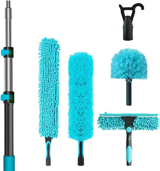 High Reach 3-8FT Extension Pole, Skylight Shades Operating Hook, High Ceiling Dusting and Window Cleaning Kit with Telescopic Pole, Window Washer & Squeegee, Cobweb Duster, Fan Duster, Feather Duster