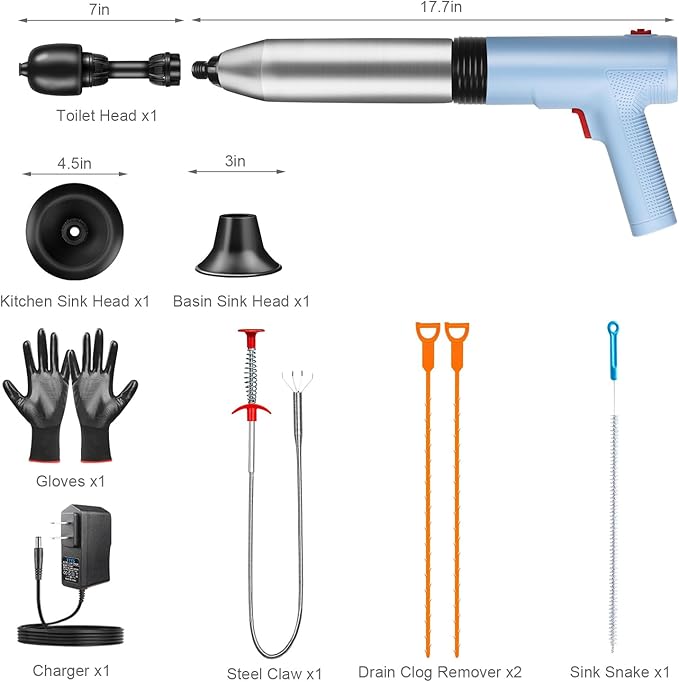 WOHPW Electric Toilet Plunger - Fast Unclogging Power with High Pressure Air Technology for Clogged Toilets, Sinks, Showers, Bathtubs and Pipes, Heavy Duty Home Drain Unclogger Kit
