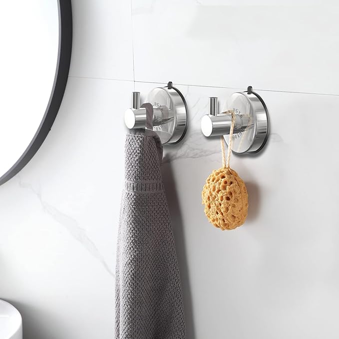 DGYB Suction Cup Hooks - 15LB Shower Hooks for Inside Shower, Stainless Steel No Drill Wall Hook Set of 4 Chrome Towel Hook for Bathrooms, Loofah, Robe