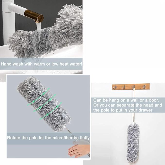 HEOATH Microfiber Feather Duster with Extendable Pole, 30-100 inches Extra Long Cobweb Duster for Cleaning, Bendable Head, Non-Scratch, Washable Duster for Ceiling, Fan, Furniture Gray