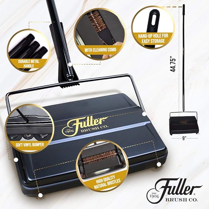Fuller Brush Electrostatic Carpet & Floor Sweeper with Additional Rubber Rotor - 9" Cleaning Path - Lightweight - Ideal for Crumby & Wet Messes - Works On Carpets & Hard Floor Surfaces (Gray)
