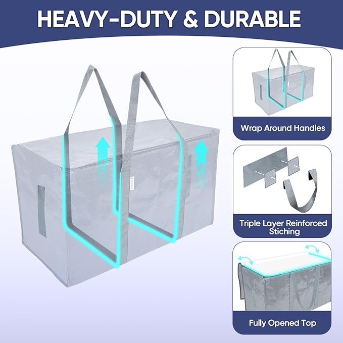 TICONN 4 Pack Extra Large Moving Bags with Zippers & Carrying Handles, Heavy-Duty Storage Tote Moving Boxes for Space Saving (4 Pack, Light Grey)