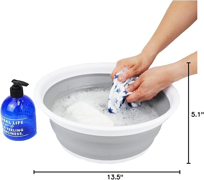 SAMMART 7.5L (1.98 Gallon) Collapsible Tub - Foldable Dish Tub - Portable Washing Basin - Space Saving Plastic Washtub (White/Grey)