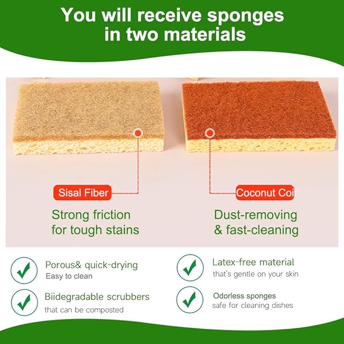 Natural Sponges for Dishes - Natural Dish Sponge, Palm Fiber Scrubbing Sponge with Non Scratch Biodegradable Sponges 12 Pack