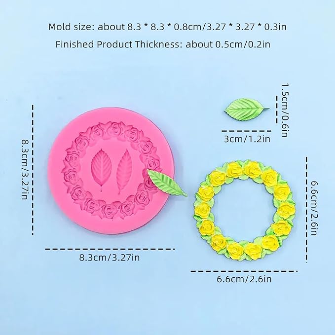 2pcs Round Rose Wreath Leaves Fondant Chocolate Candy Silicone Mold Cake Decorating Baking Pastry Tools Soap Resin Polymer Clay Mould