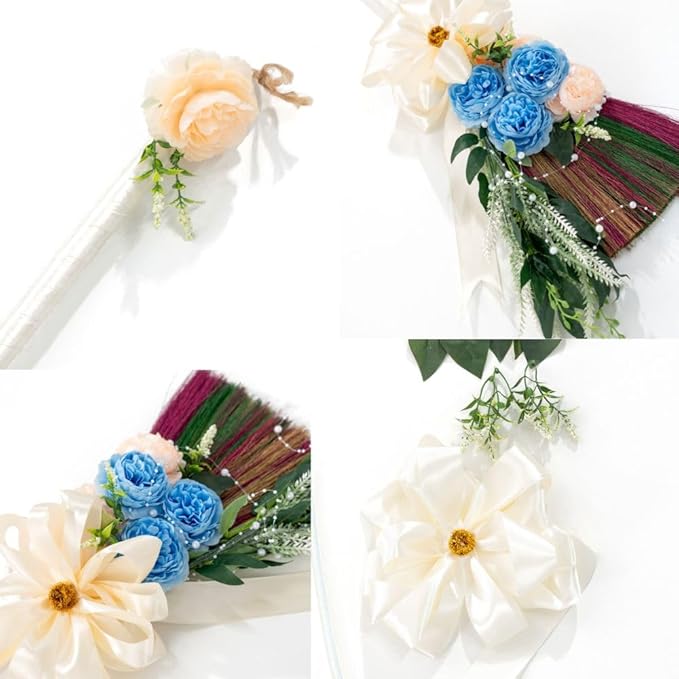 TTS For Home - Elegant Wedding Brooms Bride Bridegroom, Jumping The Broom for Wedding, Natural Whisk Broom with Ribbons, Artificial Pearl, Leaves,Roses for Decorative