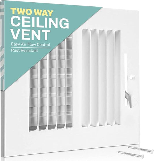 Ceiling Register - Air Vent Covers for Home Ceiling or Wall - 12X6 Inch (Duct Opening) 2-Way White Grille Register Cover with Adjustable Damper for HVAC Heat and Cold Air Conditioner