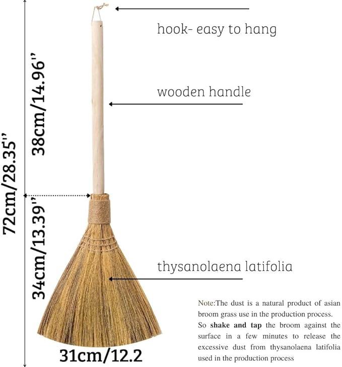 TTS For Home Natural Whisk Sweeping Hand Handle Broom - Brooms for Wedding Jumping Ceremony Halloween DIY Decoration - Vietnamese Straw Soft Broom - 12.2" Width, 28.35" Length