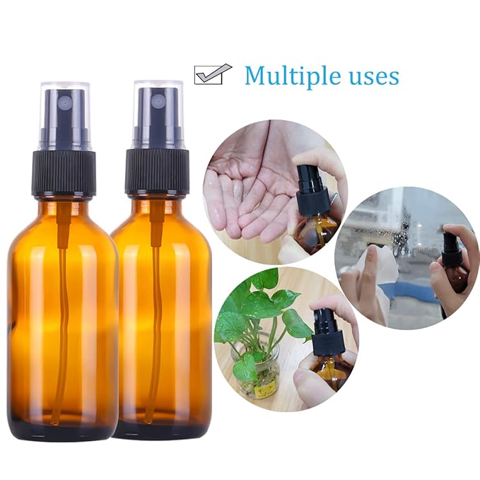 2oz Amber Glass Spray Bottles,Empty Small Perfume Travel Refillable Reusable Fine Mister Spray Bottle for Hair,Cleaning Solutions,Aromatherapy and Essential Oil with Extra Nozzle(2 Pack)