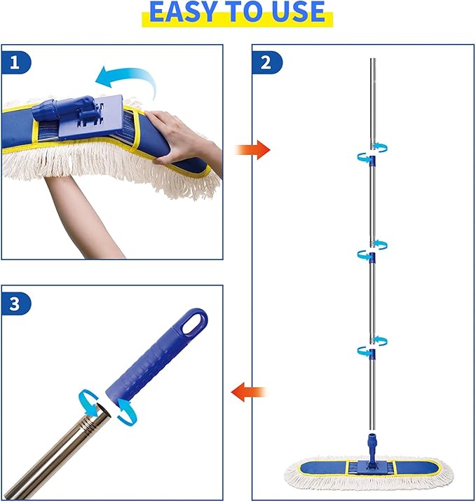 29.5" Commercial Dust Mop for Floor Cleaning,Heavy Duty Floor Duster with 2 Cotton Reusable Mop Pads,61” Long Handle Wet Dry Flat Mops for Hardwood Floors,Marble, Laminate,Tile,Concrete,Garage (Blue)
