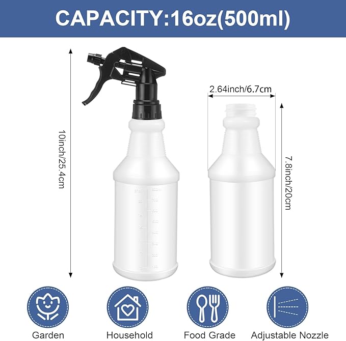 Eccliy 20 Pack 16oz Empty Spray Bottles, Leakproof Cleaning Bottles with Measurement and Adjustable Nozzle for Housekeeping, Commercial Use(Cylinder,10 Colors Spray Head)