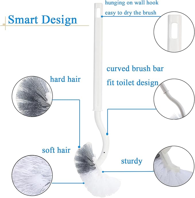 Ryhiac 2 Pack Curved Toilet Bowl Brush with Holder for Bathroom, Compact Toilet Brush Durable Under The Rim Household Deep Cleaning Brushes (2 Pcs White Toilet Brush with Holder)