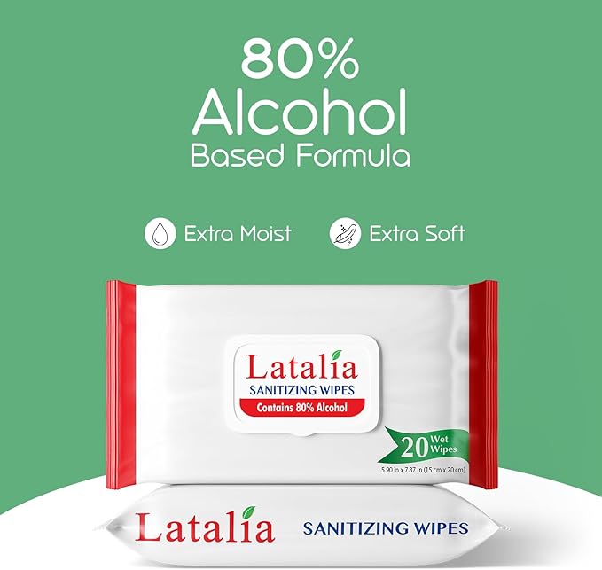 Latalia Hand Wipes Pack of 15 | 80% Alcohol Hand Sanitizer Wipes for Hands & Face Moisturizing, Gentle, Convenient and Fragrance Free (20 Counts)