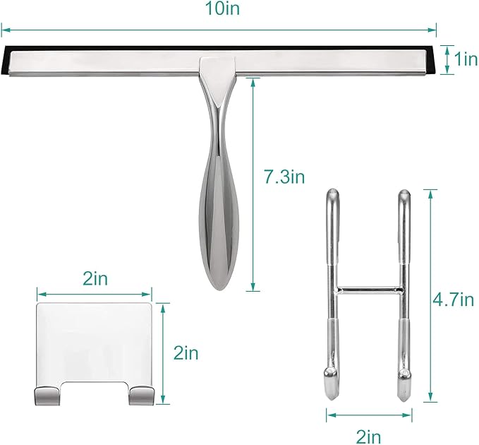 steauty Shower Squeegee for Glass Doors,10-Inch Shower Glass Squeegee, Sliver Shower Squeegee for Shower Doors,Mirror,Windows, with Shower Door Hook and Adhesive Hook