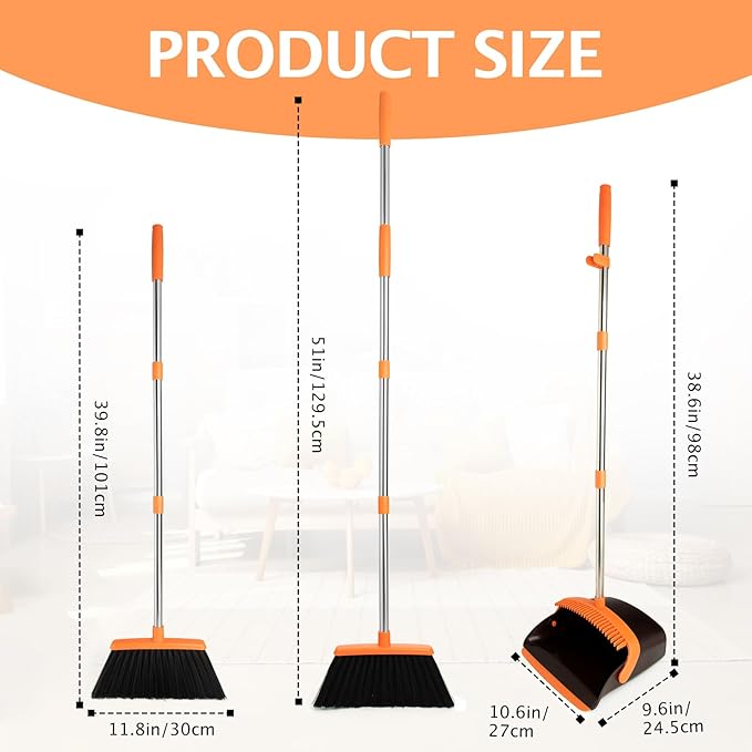 XXFLOWER Broom and Dustpan Set,Dustpans with Broom Combo for Home,Heavy Dust Broom and Dustpan Combo,Long Handle Dust Pan and Broom Set for Kitchen Office,Pet Hair(Brown Orange)