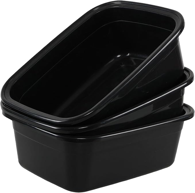 3-Pack 16 Quart Plastic Wash Basins, Rectangular Dishpan Tub, Black