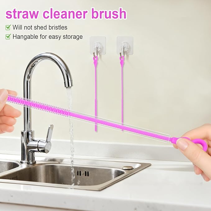TenderBloom Silicone Straw Cleaner Brush, 4-Piece Reusable Straw Brush Set with Extra-Long Design for Cleaning Thin Metal Straws and Wider Milkshake Straws （6mm+9mm Purple)