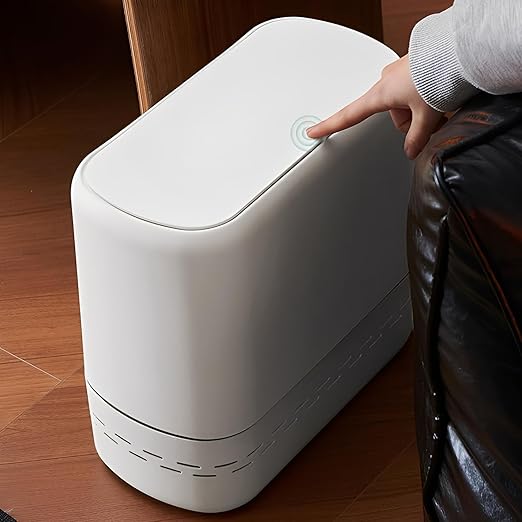Sooyee Bathroom Trash Can with Lid, 2.4 Gallon Slim Trash Bin, Small Plastic Waste Basket, 10 L Narrow for Bedroom, Kitchen, Office, White