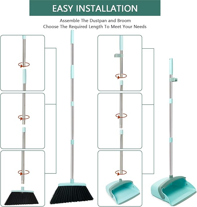 XXFLOWER Broom and Dustpan Set, Dustpans with Broom Combo for Home, Heavy Dust Broom and Dustpan Combo, Long Handle Dust Pan and Broom Set for Kitchen, Office, Pet Hair,Green, Pack of 1