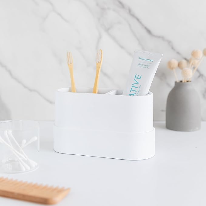 Yew Design Matte White Large Toothbrush and Toothpaste Holder and Cup for Bathroom Vanity and Countertop, Round Organizer for Electric Toothbrushes, Floss, Razors, Cotton, and Mouthwash