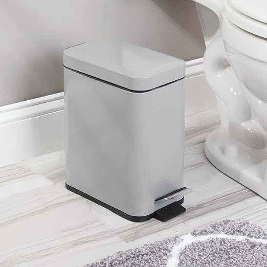 mDesign Small Modern 1.3 Gallon Rectangle Metal Lidded Step Trash Can, Compact Garbage Bin with Removable Liner Bucket and Handle for Bathroom, Kitchen, Craft Room, Office, Garage - Gray