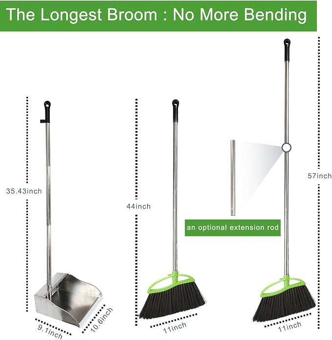 Soft Bristles Broom and Dustpan Set,Metal Dustpan with Indoor Broom, Green Angle Broom with Stand Up Dustpan for Hardwood Kitchen Floor Sweeping
