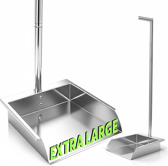 Extra Large Stainless Steel Long Handle dust pan,Heavy Duty Upright Metal Outdoor Dustpan eliminates The Need to Bend Over.dust Pans with Long Handle for Farm Office Garage Outdoor Yard。