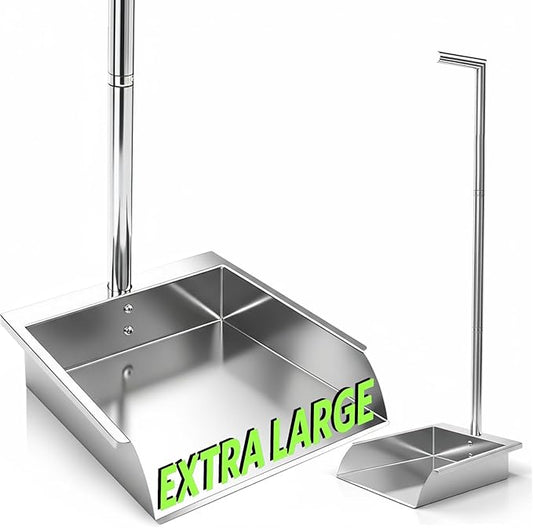 Extra Large Stainless Steel Long Handle dust pan,Heavy Duty Upright Metal Outdoor Dustpan eliminates The Need to Bend Over.dust Pans with Long Handle for Farm Office Garage Outdoor Yard。