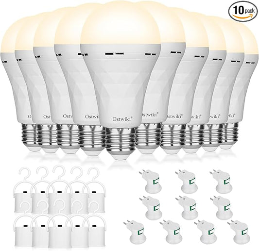 10 Pack Rechargeable Light Bulbs, Emergency Light Bulbs for Power Outage Hurricane Camping 3000K Warm Light Battery Operated Light Bulb 9W E26 1200mAh Battery Backup Soft Light Bulb for Lamps