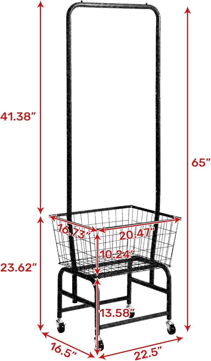 ALIMORDEN Laundry Cart with Clothes Rack, Rolling Laundry Butler with Wire Storage Rack，Grey