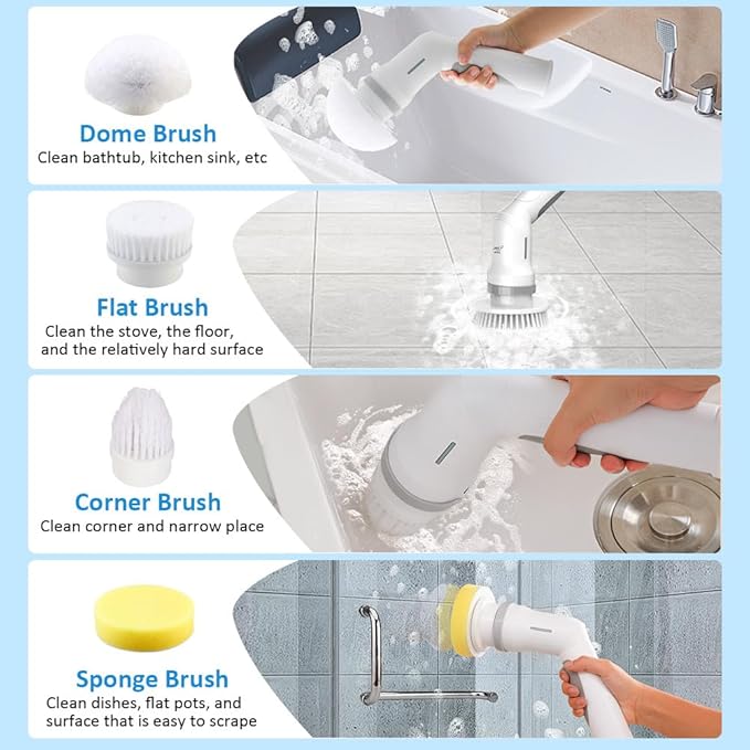 Electric Spin Scrubber, Cordless Bathroom Scrubber Cleaning Brush Cleaner with Adjustable Extension Long Handle, Battery Level Display, 3 Brush Head, 1 Sponge Head