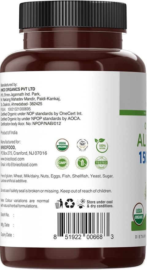Brieofood Organic Alfalfa 1500mg, 45 Servings, Vegetarian, Gluten Free, 90 Vegetarian Tablets