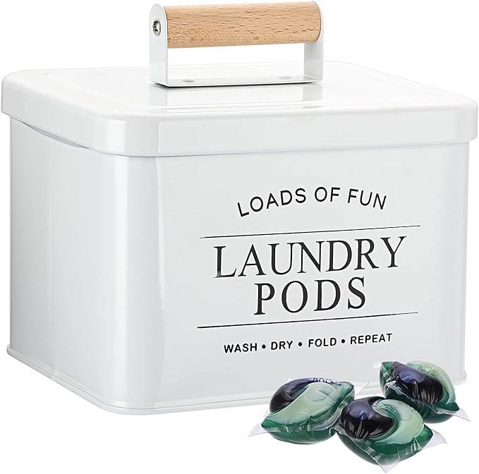 Metal Laundry Pod Holder Powder Holder Farmhouse Laundry Pods Container with Handle Lid, Powder Dispenser Dryer Sheet Dispenser for Laundry Room Organization Decor - 7.2" x 6.2" x 5.1", White