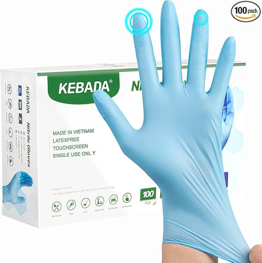 Kebada Nitrile Gloves D1, Nitrile Disposable Gloves for Cleaning, Food Prep, Industrial Grade, Non-Sterile, Food Safe, Powder & Latex Free, Touchscreen, Blue, 100 Count, Small (Made in Vietnam)