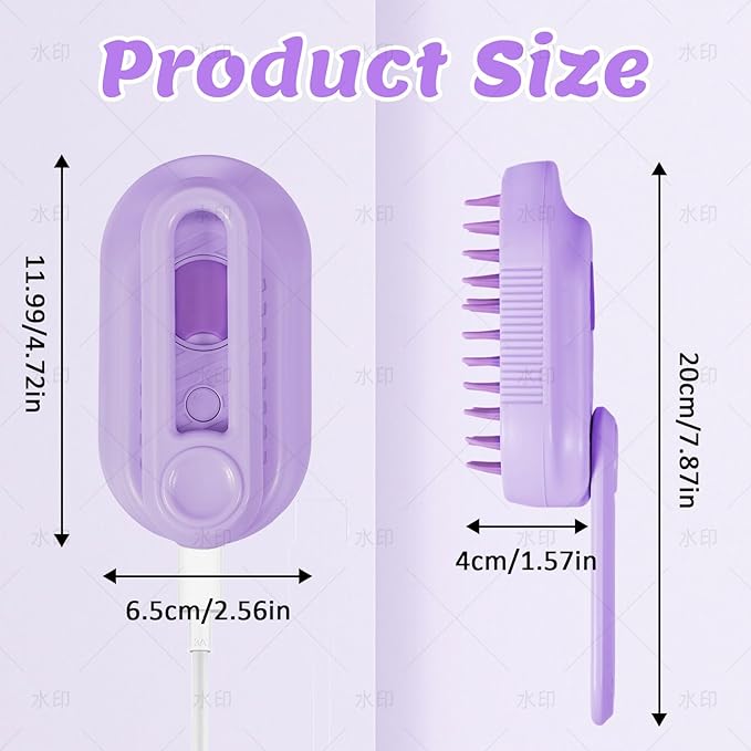 Secrtji 4 in 1 Cat & Dog Steam Brush Kit with 2 Comb Heads - Rechargeable Grooming Brush for Long/Short Hair Shedding, Anti-Static Steam Spray & Foldable Handle, Pet Spa Cleaning Tool (Purple)