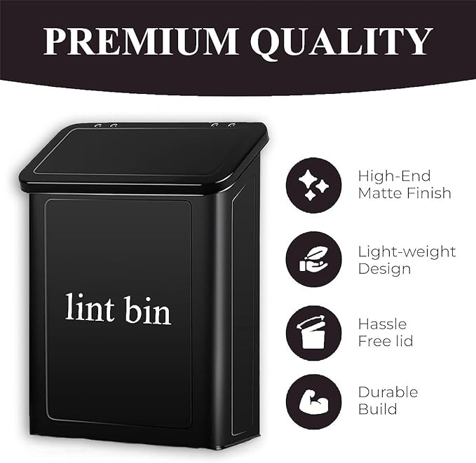 Magnetic Lint Bin with Lint Brush, two white hooks, one black back hook & all accessories for Laundry Room decor, Wall-Mounted Lint Bin with Lid, Black Powder Coated, Space-Saving Trash Can (Black)